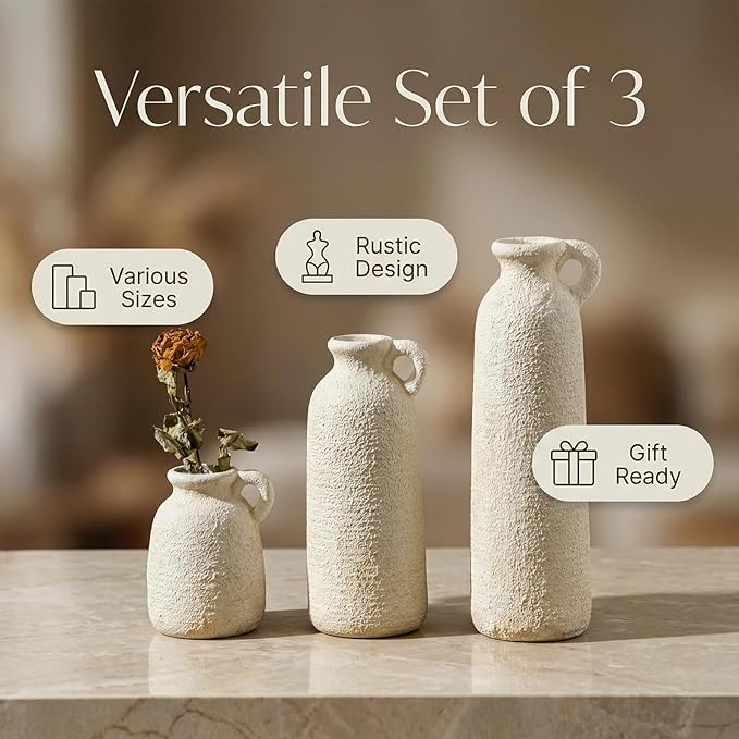Rustic White Ceramic Vase Set, Flower Vases for Home Decoration, Farmhouse Decor, Living Room Kitchen Table Centerpieces, Shelf, Mantel, Fireplace and Entrance Decorations