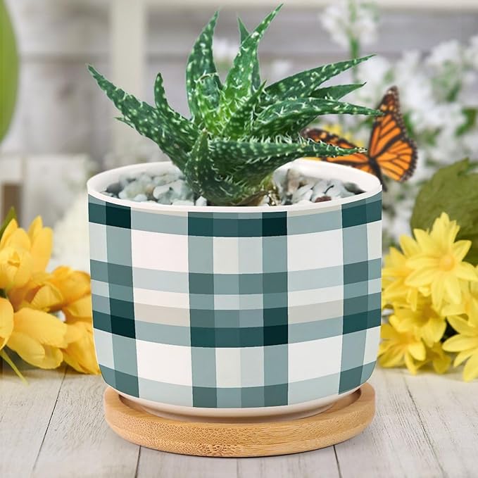 Sage Green Buffalo Plaid Ceramic Planters Green Buffalo Check Snake Plant Live Indoor with Pot with Drainage Holes and Saucers Pot for Pots Outdoor Indoor Plants