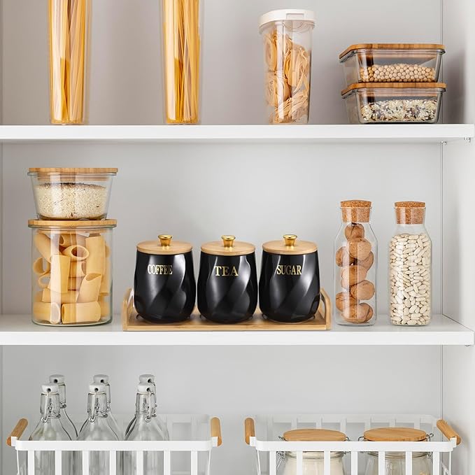 JUXYES Set of 3 Ceramic Canisters Set for Sugar Coffee Tea With Handle Tray, Luxurious Storage Containers Sets with Lids Decorative Storage Pots Black Ceramic Storage Jar for Kitchen Dining Room