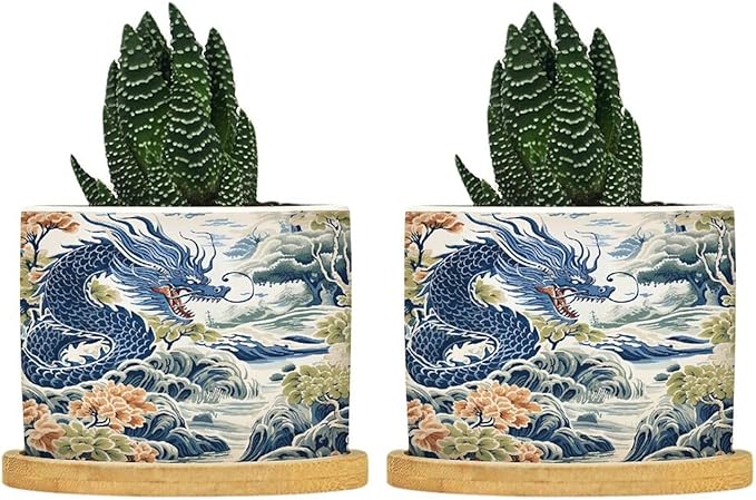 Trend Dragon and Print Ceramic Planters Chinoiserie Asian Inspired Flower Pots for Indoor Plants with Drainage Holes and Saucers Pot for Home Desktop Office Windowsill