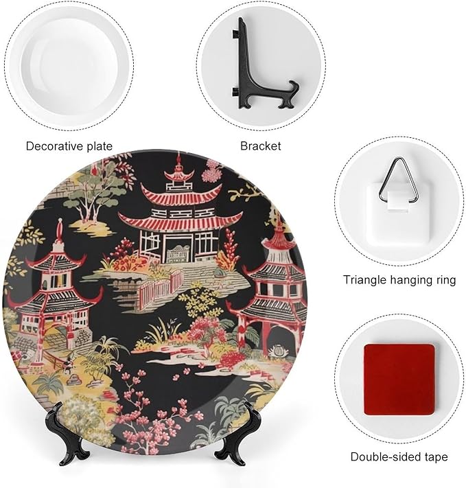 Chinoiserie Charcoal Coral Pagoda Asian Ceramic Decorative Plate, Ancient China Chinoiserie Pagoda Customize Hanging Decorative Tiles for Display Household Home Decor, with 1 Display Stand Art Decor