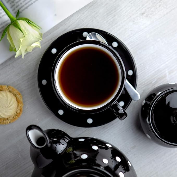 City to Cottage Handmade Black and White Polka Dot Large Ceramic 12oz/350ml Cappuccino Coffee Tea Cup and Saucer, Unique Designer Pottery for Tea Lovers
