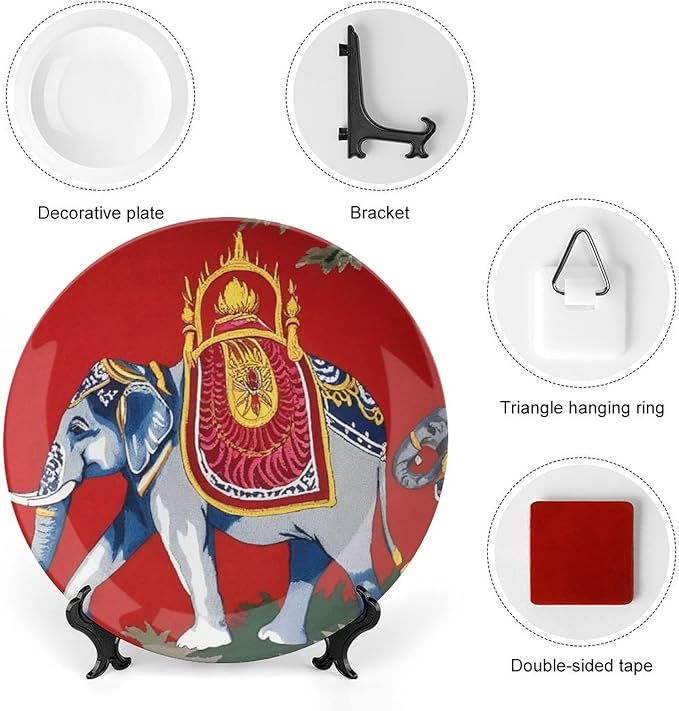 Home Decorations Vintage Plates, Thibaut Elephant French Toile in Red Customize Christmas Gifts Ceramic Dinner Plates for Kitchen Wall Housewarming Gifts Decor, with 1 Display Stand