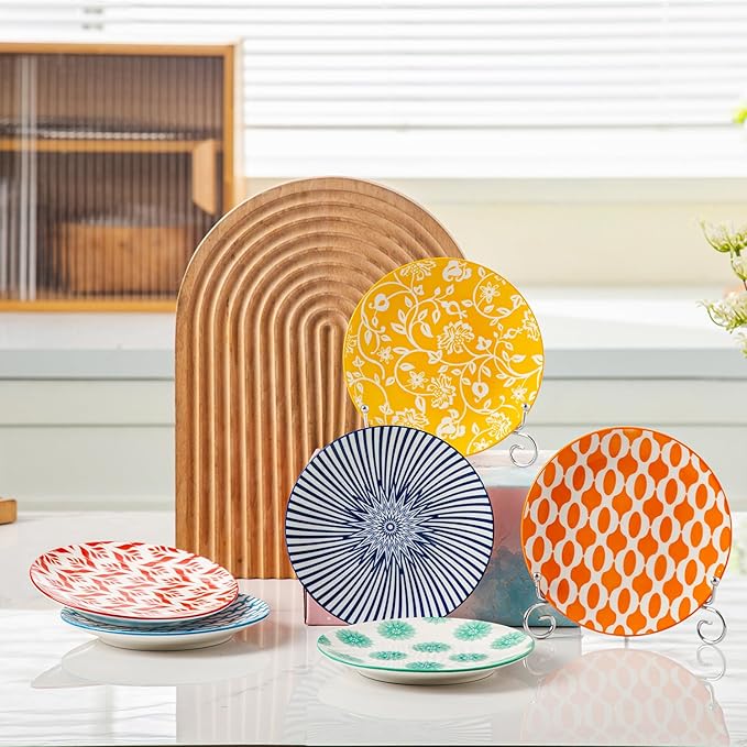 Ceramic Dessert Plates Set - 6 Inch Mini Appetizer Plates for Kitchen - Small Salad Plate for Cake Snacks Side Dish,Gift, Microwave Dishwasher Safe, Assorted Colors