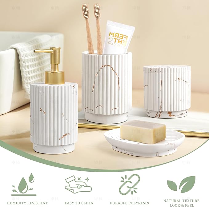 Bathroom Accessories Set 4 Pcs-Toothbrush Holders Set, Soap Dispenser, Cotton Swab Jars, Vanity Tray, Bathroom Organizer for Modern Bathrooms Decor, Gift for Home Apartment