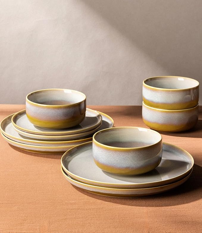 TheTerra Ceramic Dinnerware Sets for 4, 12 Pieces Handmade Reactive Glaze Plates and Bowls Set, Scratch Resistant Dish Set, Oven & Microwave & Dishwasher Safe, Autumn Haze