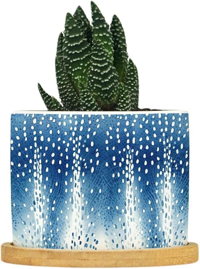 Navy Blue Modern Geometric Abstract Polka Dots Print Ceramic Flower Pots,Gardening Plant Pot with Drainage Holes And Saucers Round Ceramic Pots for Indoor Plants Succulent Herbs Cactus Pots
