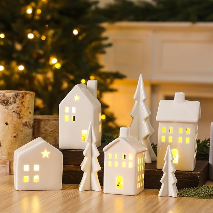 7 Pcs Ceramic Christmas Village Set 4 LED Light up White Ceramic Village Houses with 3 Xmas Trees Xmas Figurines for Farmhouse Rustic Indoor Home Mantel Table DIY Display Holiday Decoration