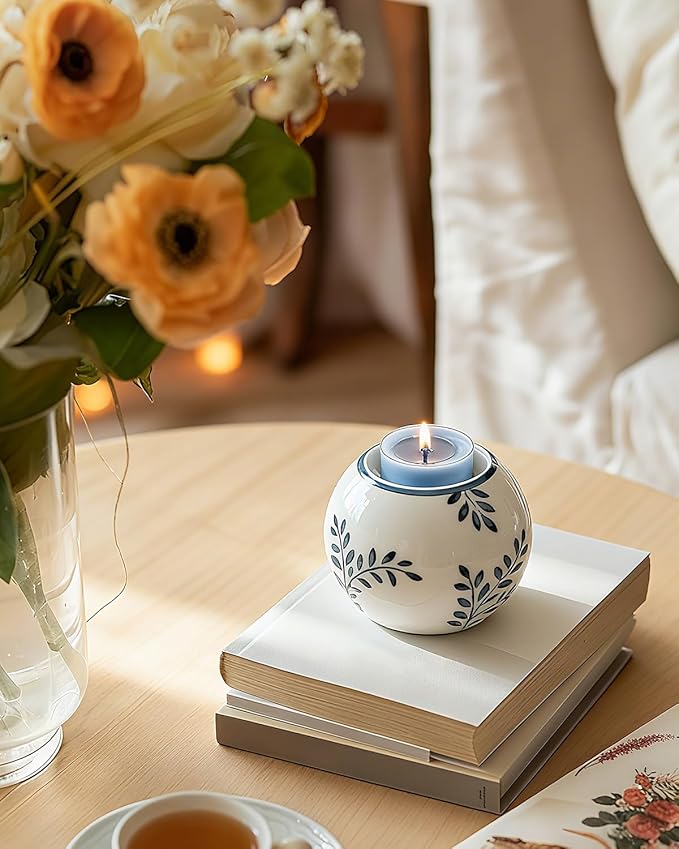 Ceramic Tealight Candle Holder, Chinoiserie Candlestick Holder for Taper Candle, Blue and White Decor, Leaf