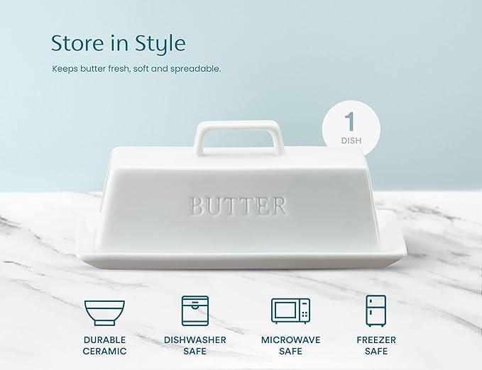 Butter Dish with Lid for Countertop, by Kook, Ceramic Dish Tray with Cover, Kitchen Keeper, Container, Holder (White)