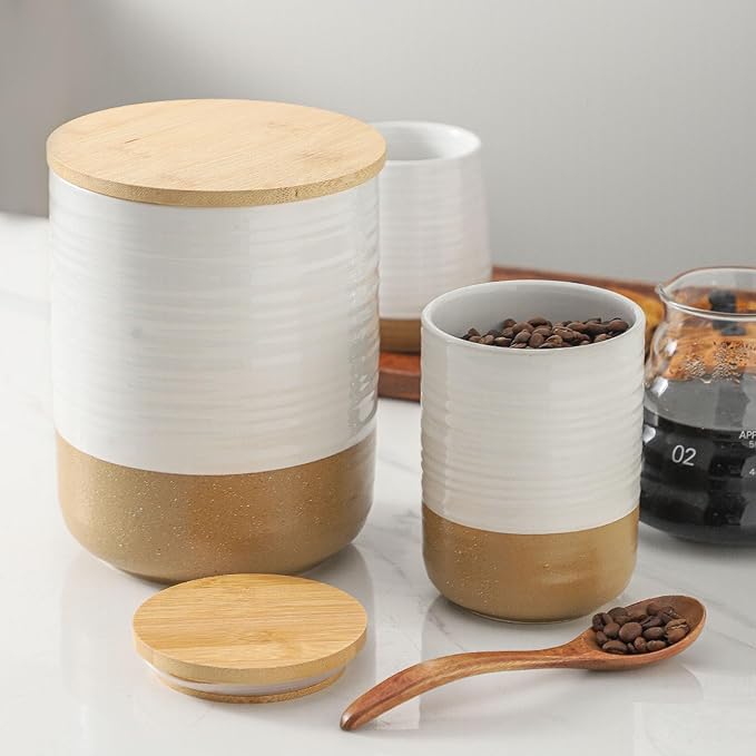 HASENSE Ceramic Kitchen Canisters with Bamboo Lids – 80oz & 24oz Storage Jars Set – 7.5" + 5.9" Airtight Pantry Containers for Tea, Coffee, Flour, Snacks – Modern Minimalist Design 2-Pack White