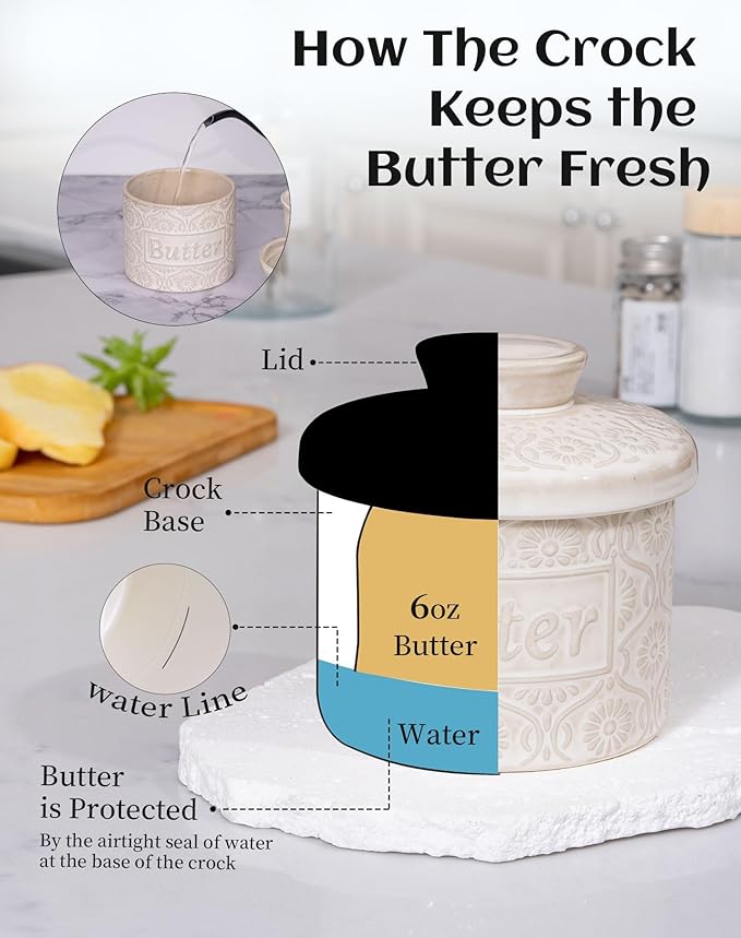 TEATALK Ceramic French Butter Crock - Vintage Relief Pattern Butter Keeper with Water Seal, 6.7oz Creamy White Butter Dish for Fresh Spreadable Butter, Farmhouse Kitchen Decor & Gift