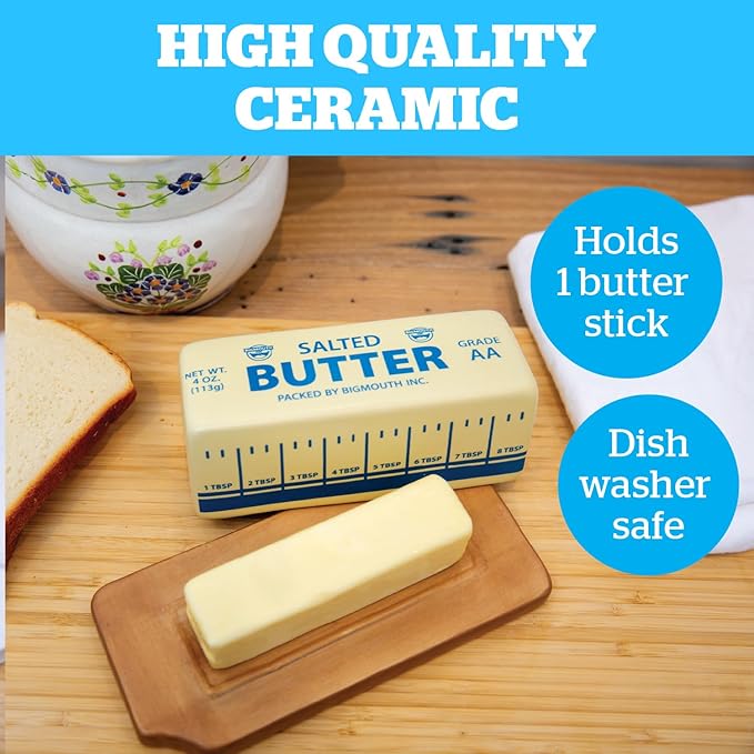 Novelty Butter Dish, Ceramic Butter Stick-Shaped Lid, Holds 1 Stick, Funny Eclectic Kitchen Decor