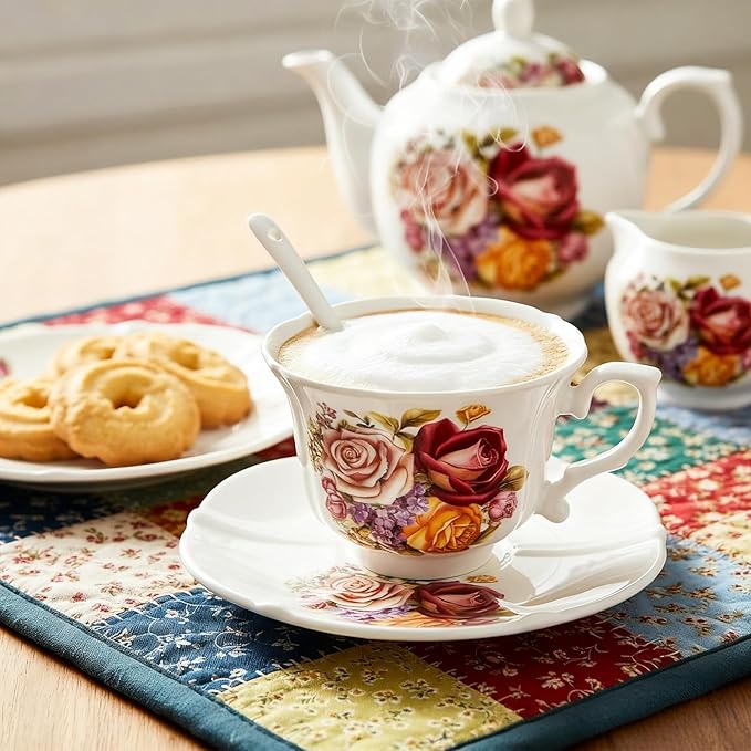 Tea Cups and Saucers Set of 6, 8 OZ Vintage Ceramic Teacups with Spoon, Floral Rose British Coffee Mug, Elegant Bone China Cup Gift Set for Cappuccino, Espresso, Latte, Afternoon Tea Party
