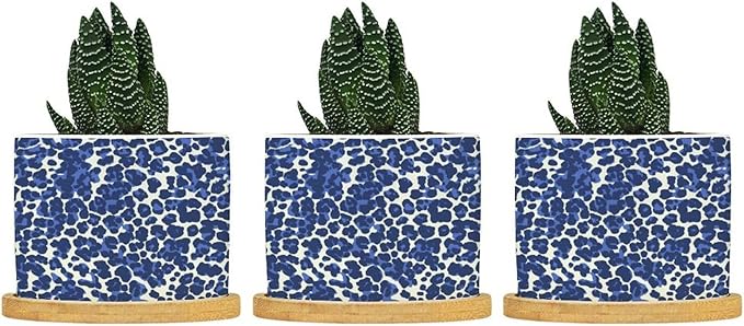 Leopard Purple and White Dot Planters Ceramic African Tribal Animal Print Round Plant Pot with Drainage Holes and Bamboo Tray Pot for Home Office Decoration