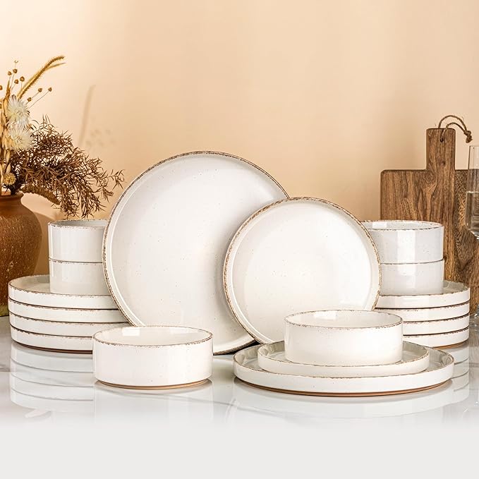 AmorArc Ceramic Dinnerware Sets for 6, 18 Pieces Handpainted Plates and Bowls Set with Rustic Terracotta Underside, Scratch Resistant Stoneware Dishes Set, Dishwasher & Microwave Safe