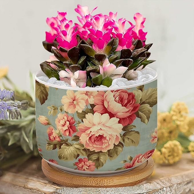 Pink Cabbage Roses Romantic Planters Ceramics Set of 3 Cottage Chic Antique Pink Flower Succulent Pot for Indoor with Bamboo Tray Japanese Chinoiserie Small Pot for Flowers