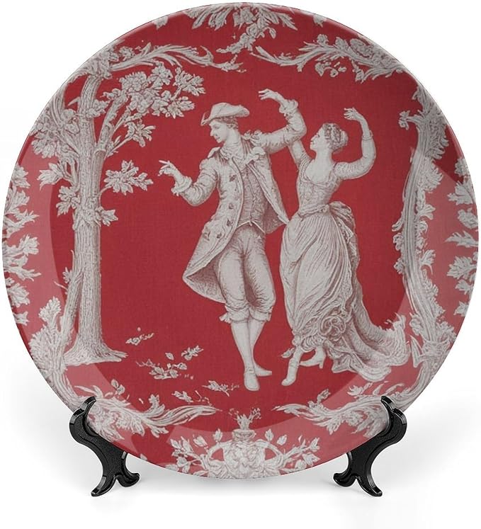 Red And White Toile China Plates, Chinoiserie Toile Personalized Wall Decorative Plate for Wall Office Housewarming Gifts Decor, with Vertical Stand Art Decorations for Table Home