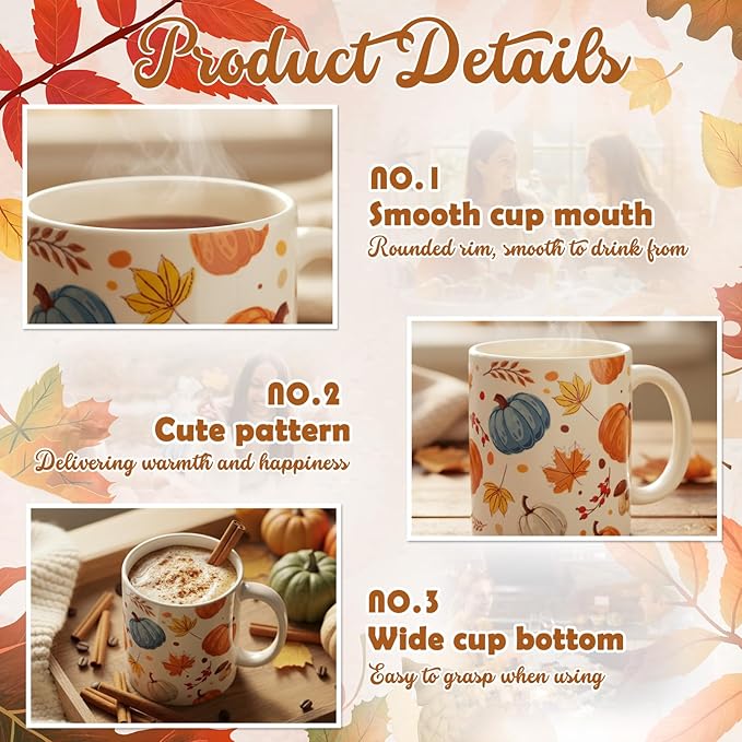 Sliner 11 oz Pumpkin Ceramic Coffee Mugs Set of 2 Thanksgiving Fall Cup Gifts Festive Tea Cup Autumn Holiday Birthday Gifts for Men Women