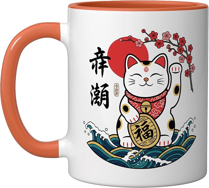Cat Japanese Lucky Maneki Cat, Lucky Cat With & Bloss Ceramic Mug, Orange/White
