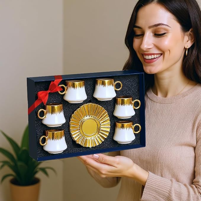 Coffee Cup Set of 6 with Saucers, 3.5 OZ Ceramic Espresso Cups, Deco Gold Trim Coffee Cup Gift for Cappuccino, Latte, Cafe Mocha and Tea, Dishwasher & Microwave Safe (White and Gold)