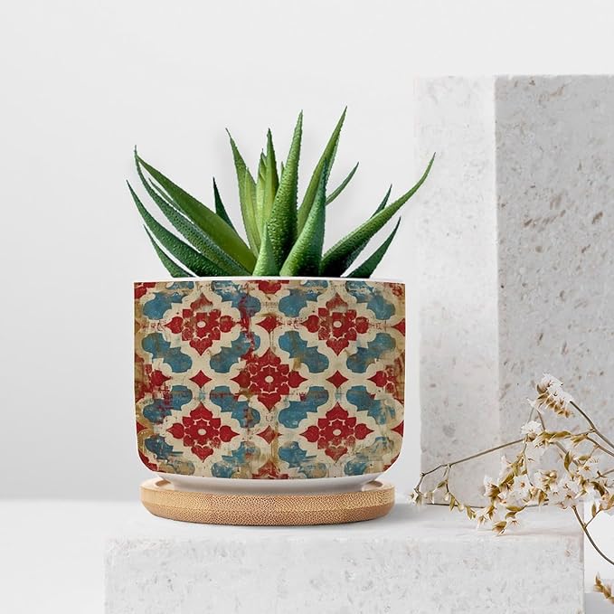 DreamAutumn Geometric Kilim Moroccan Ikat Planter Ceramic Round Plant Pots with Drainage Holes and Bamboo Tray Planting Small Flower Pots for Home Windowsill Desk Garden Indoor Outdoor Use