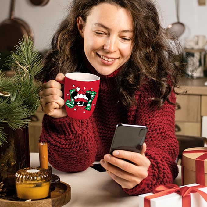 Christmas Santa Ceramic Coffee Mug, 13 oz Novelty Xmas Joy Tea Cup with Handle, Funny Winter Holiday Gifts for Friends Women Men, Red Drink Mugs Microwave and Dishwasher Safe