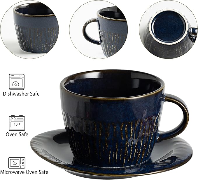 Ceramic Latte Cup with Saucer, 7 oz, Coffee Mug, Espresso Cups for Cappuccino, Milk Tea and Mocha, Dishwasher and Microwave Safe (blue)
