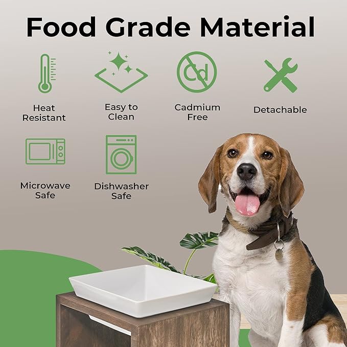 Bowsers Artisan Diner Single Dog Feeder - Handcrafted Rubberwood Frame with Square Ceramic Bowl Feeder for Dogs - Fossil, Small, 7” x 7” x 4”