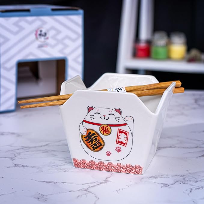 Urban Tokyo Chinese Takeout Box Style Porcelain Bowl With Chopsticks 18 fl oz Square Shape Rice Noodles Pasta To Go Box Shaped Bowl Microwave Dishwasher Safe (Lucky Cat)