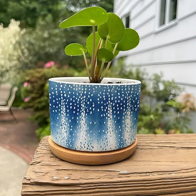 Navy Blue Modern Geometric Abstract Polka Dots Print Ceramic Flower Pots,Gardening Plant Pot with Drainage Holes And Saucers Round Ceramic Pots for Indoor Plants Succulent Herbs Cactus Pots