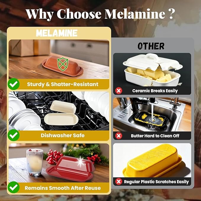 BPA-Free Melamine Butter Dish with Lid & Stainless Steel Knife - Farmhouse Butter Keeper for Countertop & Refrigerator, Dishwasher Safe, Holds 1 Stick with East & West Coast Butter-Black