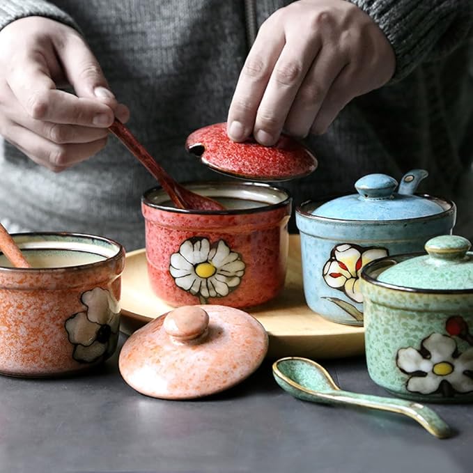 Ceramics Retro Flower Sugar Salt Pepper Storage Jar Seasoning Pot with Lid And Spoon