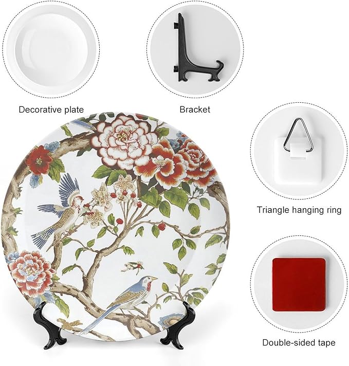 Chinoiserie Tree Peony Bird Floral Fashion Plates, Custom Coral Turquois Flowers And Birds Ceramic Craft for Decorative Ornaments, Display Farmhouse Decorations Wedding, with Vertical Stand