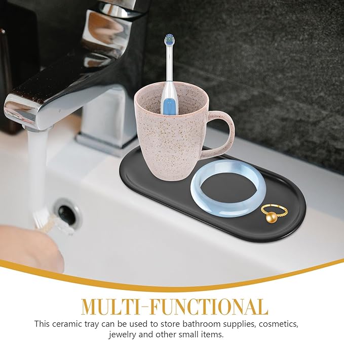 Oval Ceramic Vanity Tray Compact Dark Countertop Storage Organizer for Bathroom Dresser Jewelry Holder Cosmetic Container
