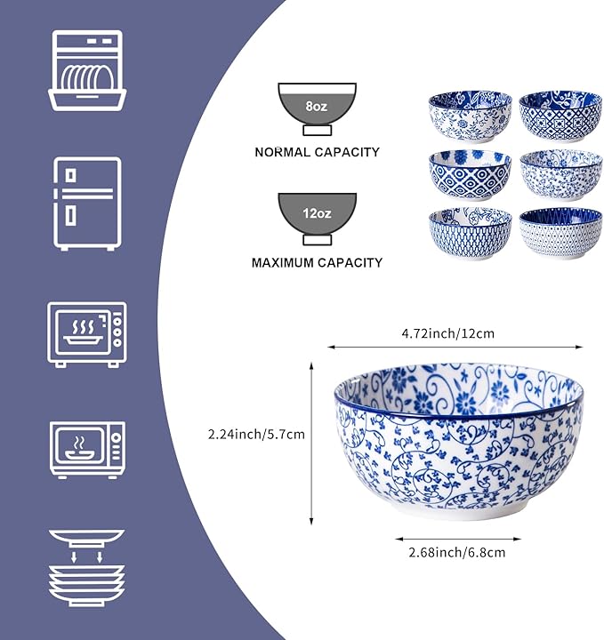 Ceramic Dessert Bowls Set - Small 11 Oz Porcelain Ice Cream Bowls for kitchen - 4.7 Inch Cereal Bowls for Salad, Fruits - Microwave Dishwasher Safe - Set of 6 - Vintage Blue