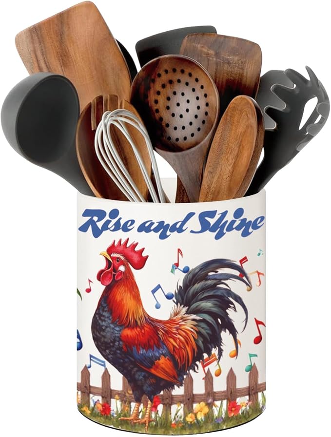 Rooster Kitchen Decor, 6.5inch Ceramic Utensil Holder with Rooster Design, Rustic-Style Indoor Kitchen Utensil Storage Rack, Ideal for Spoon Storage and Cooking Tools,Gift for Kitchen Organizers