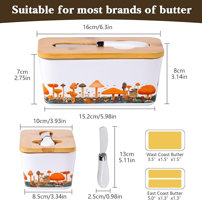 Mushroom Butter Dish with Lid,Large Butter Crock Keeper Saver,Ceramic Butter Container for Countertop with Highly Sealed Silicone Thick Wooden Lid for Kitchen Farmhouse Decor (White, Mushroom)
