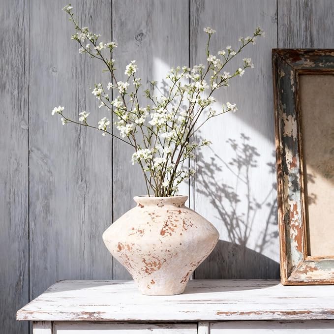 Whitewashed Terracotta Ceramic Vase 6.7", Small Rustic Farmhouse Pottery Vase with Wide Mouth, Watertight Flower Vase for Fresh Flowers & Pampas Grass, Table Centerpiece Shelf Decor