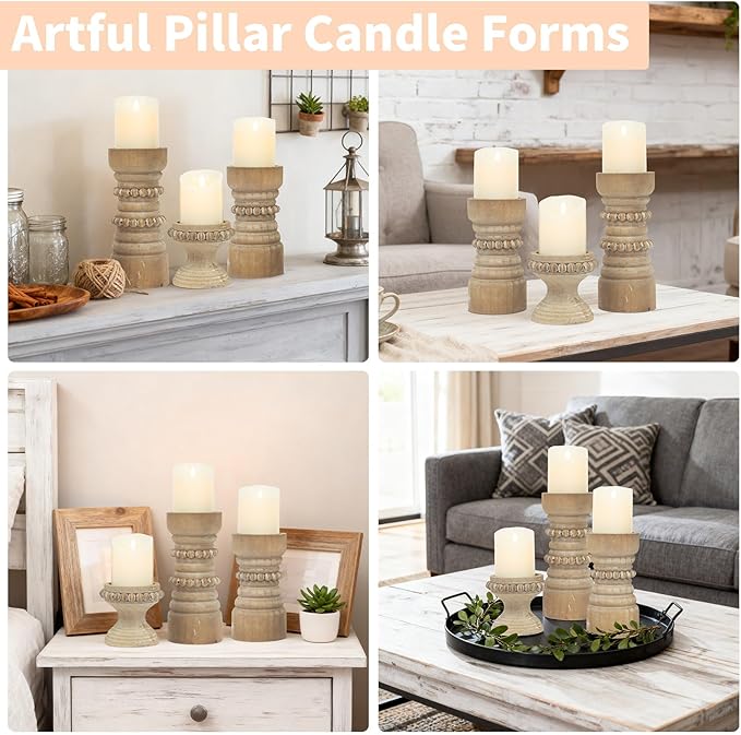 MODE HOME Rustic Natural Wood Candle Holders Set of 3, Farmhouse Beaded Wood Pillar Candle Holder, Candle Holders for Pillar Candles & Candlesticks, Candle Sticks Holder Decor for Table Centerpiece