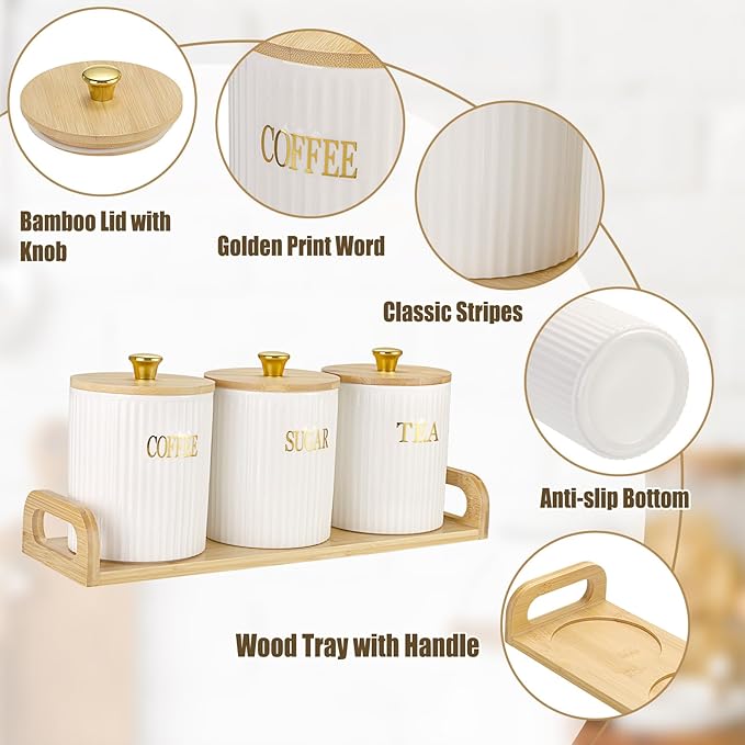 3 Pack Ceramic Canister Set with Bamboo Lids and Handle Tray, Coffee Tea Sugar Container Set, White Ceramic Storage Jar Kitchen Canister for Countertop, White-Style 2