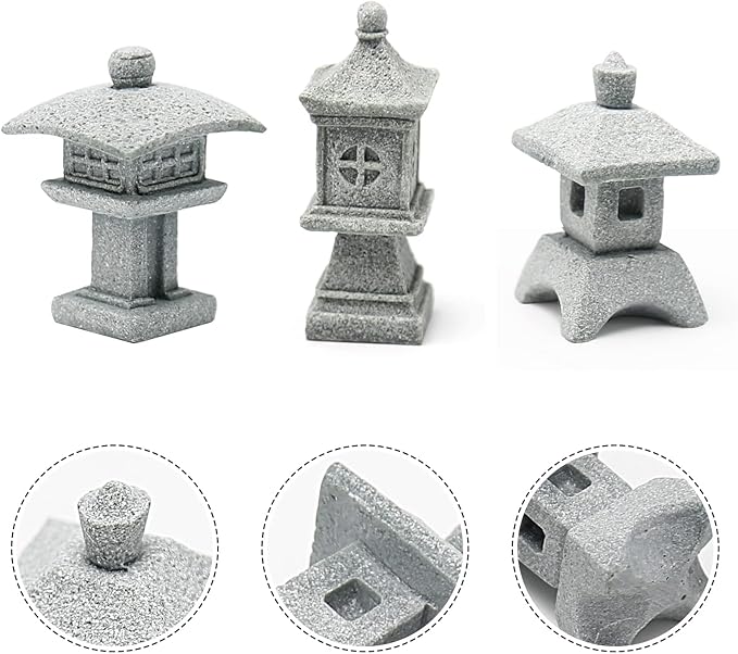 3pcs Miniature Pagoda Statues Japanese Style Pagoda Lantern Asian Decor Square Chinese Pagoda Statue for Zen Garden Indoor Outdoor Decor Micro Rockery Landscape Kit
