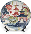 Chinoiserie Pagoda White Coral Blue Asian Decorative Plate of 6", 7", 9", 10", Customize Chinoiserie Decor Pagoda Bone China Decorative Plate, Festival Club Decorations Office, with Vertical Stand