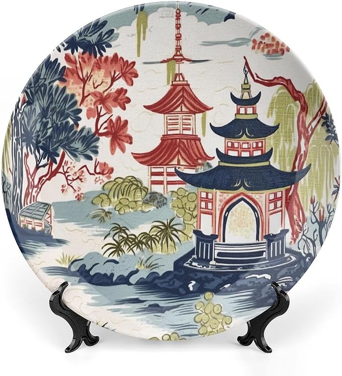 Chinoiserie Pagoda White Coral Blue Asian Decorative Plate of 6", 7", 9", 10", Customize Chinoiserie Decor Pagoda Bone China Decorative Plate, Festival Club Decorations Office, with Vertical Stand