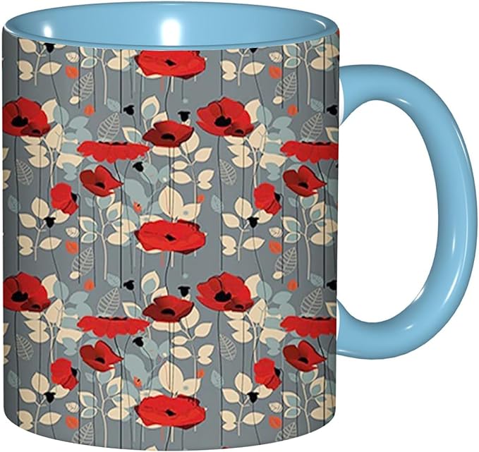 Poppy Flower,Funny Novelty Ceramic Coffee Cups With Handle,Floral Garden Leaves Modern Nature Tea Cup for Office and Home, 11 Oz,Dishwasher Microwave Safe (Sky blue)