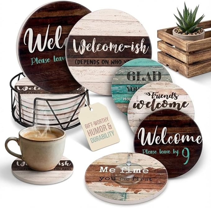 Funny Coasters - House Warming Gifts New Home - Housewarming Gifts for Women, Men, Couple, New Homeowner - Farmhouse Bar Coasters for Drinks with Holder - First Apartment Essentials