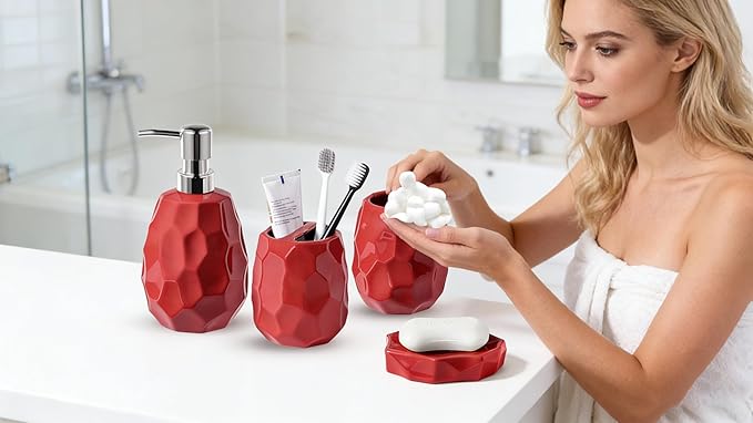 Ceramic Bathroom Accessories Set 4 PCS,Bathroom Toothbrush Holder Set,Soap and Toothbrush Holder Set,Include Toothbrush Holder,Soap Dispenser,Tumbler,Soap Dish,Bathroom Sets Decor Organizer (Red)