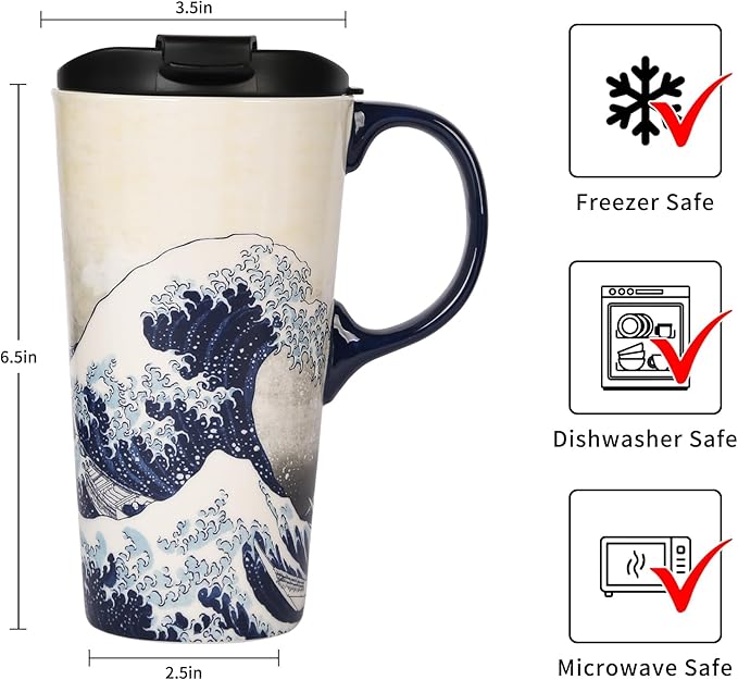 Topadorn Ceramic Coffee Mug with Lid and Handle Ceramic Travel Mug Porcelain Latte Teacup in Color Box 17 Oz, Splash Resistant Lid - To Go Tumbler for Car Cup Holder, Wave Art Mug