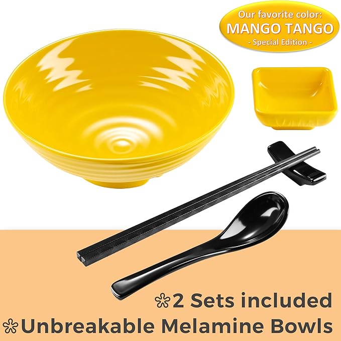 Unbreakable Ramen Bowl Set with Chopsticks and Spoon: 2 large Japanese Style Melamine Ramen Bowls, Dipping Bowls and Chopstick Stands for Asian Pho Soup Thai Miso Udon Wonton (2 Bowl Set, Yellow)