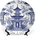 Chinoiserie Blue Asian Pagoda Plates Ceramic, Personalized Wall Decorative Plate for Wedding Wall Club Decor, Including Bracket And Special Hook Art Decorations for Art Decoration Table